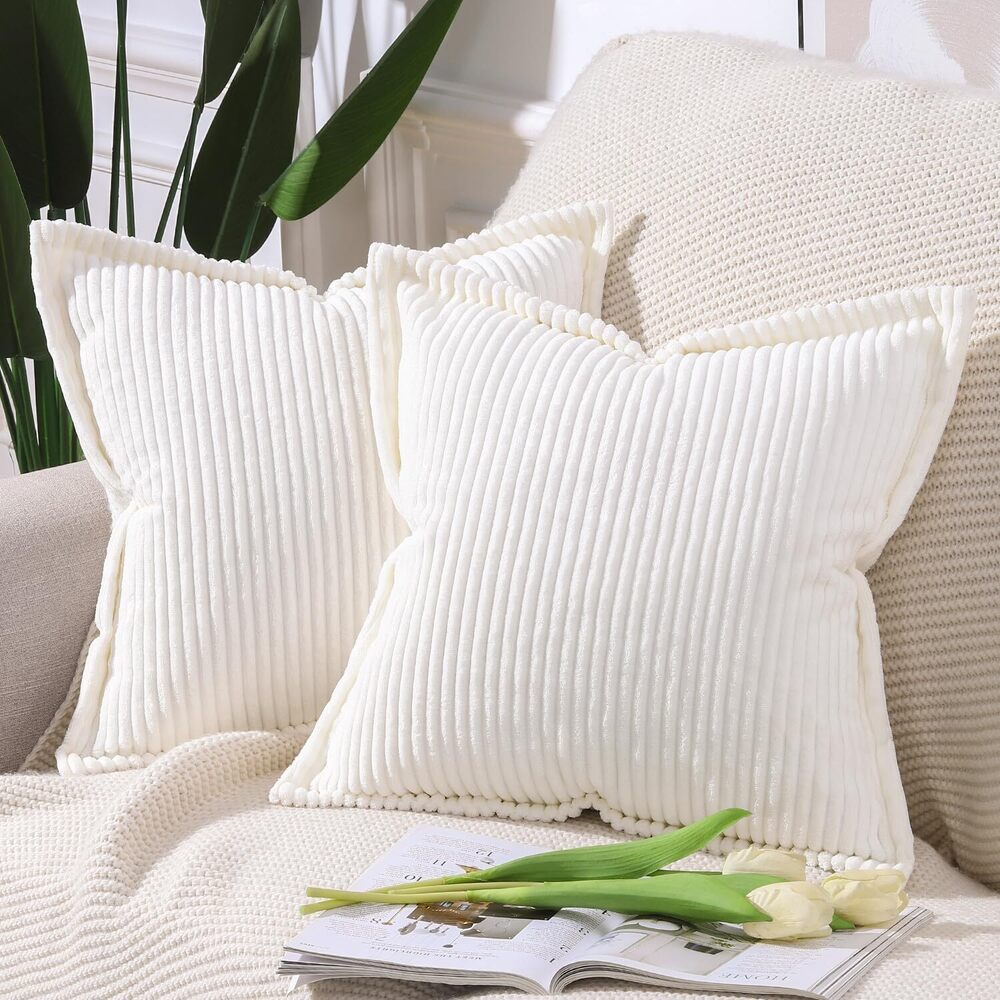 2806 Cream White Corduroy Throw Pillow Covers 16x16 inch with Fringe Edge